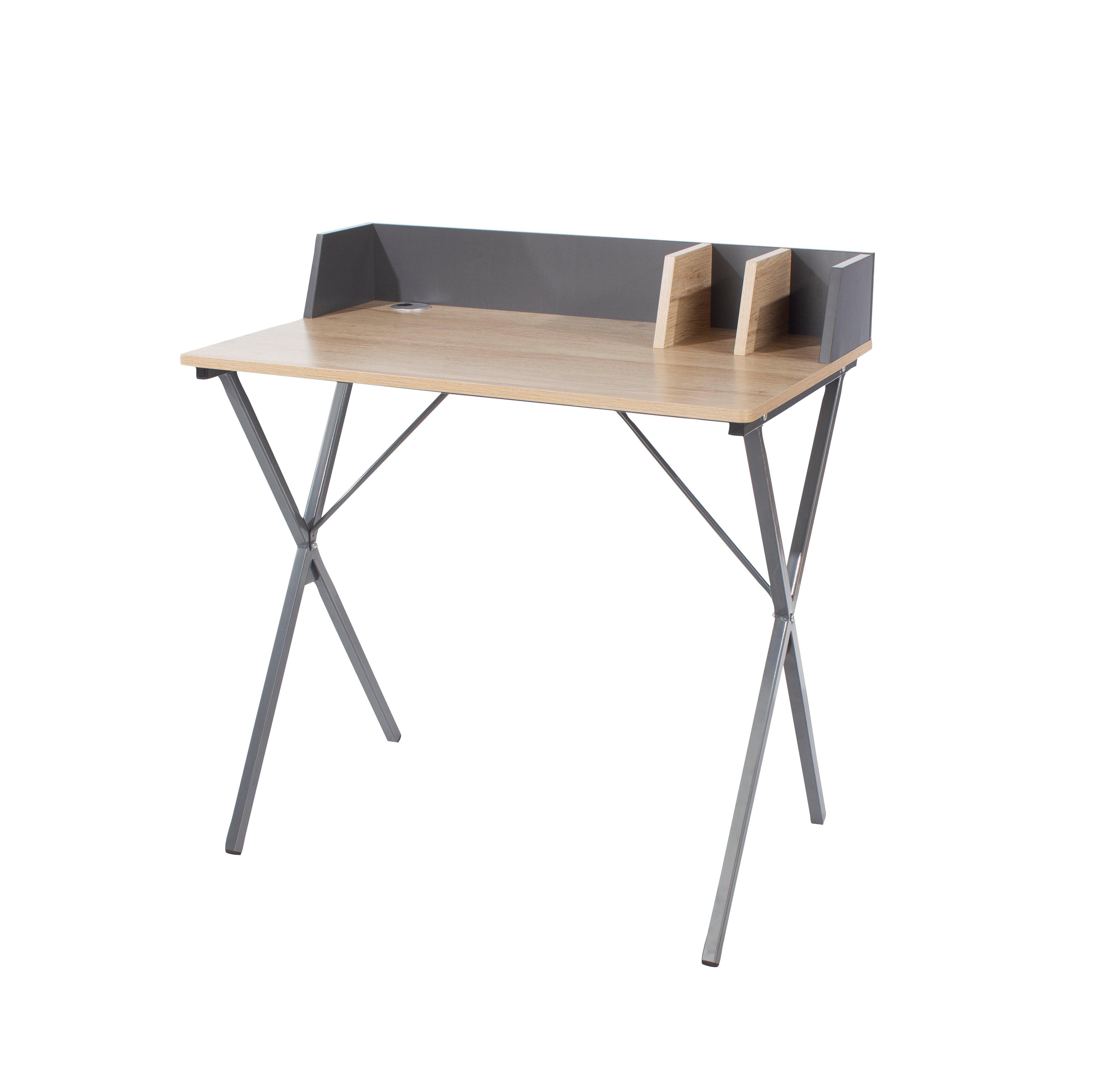 Loft Home Office Study Desk, Oak Effect Top With Grey Metal Cross Legs